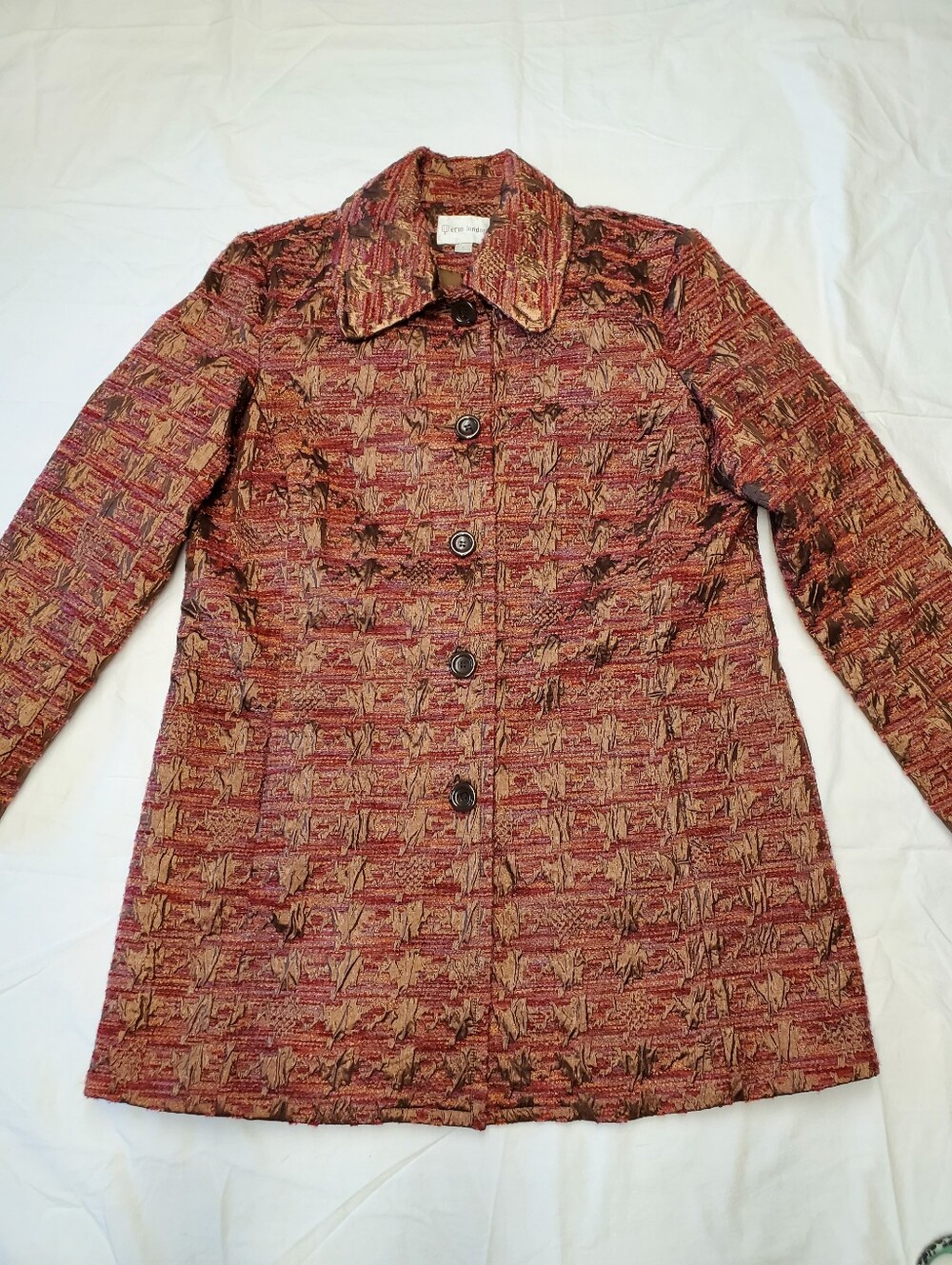 Erin London Women's L Copper Metallic Bouclé Jacquard Jacket Long Lined Button